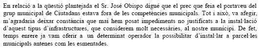 Resposta de l'Ajuntament de Gav&agrave; al prec presentat per C's de Gav&agrave; on es demanava que afavorissin la instal&middot;laci&oacute; d'antenes de telefonia m&ograve;bil (29 de Maig de 2008)